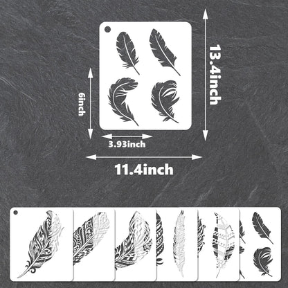 YKW Feather Stencils for Painting, 6 Pack Reusable Boho Feather Templates, DIY Art Supplies for Wall Decor, Fabric, Wood, Canvas - Tribal Bohemian Craft Stencil Set,Mandala Style Fusion