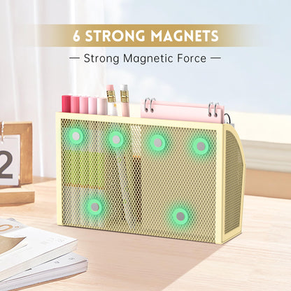 DALTACK Magnetic Pencil Holder Magnetic Shelf for the Whiteboard 3-Grid Mesh Magnetic Pen Holder for Refrigerator Magnetic Organizer Locker Accessories Organizer for Office, Yellow