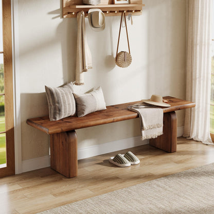 TRIBEWOOD 62.99-Inch Solid Wood Entryway Bench, Farmhouse Indoor Wooden End of Bed Bench for Entryway, Hallway, Bedroom, Dining Room, Living Room, Easy Assembly, Rustic Brown