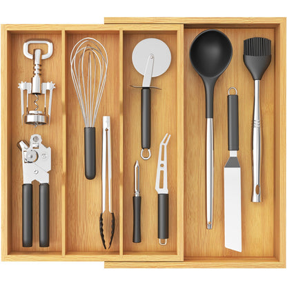 Lifewit Utensil Organizer for Kitchen Drawer, Expandable 13 to 22.4 Inches Wide, Adjustable Cooking Silverware Tray, Bamboo Cutlery Flatware Holder, Spatula Tools and Gadgets Storage Divider, Natural