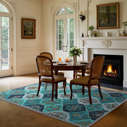 FLYRUGGO 5x7 Area Rugs, Washable Boho Rugs for Living Room, Moroccan Trellis Bohemian Ultra Soft Large Non-Slip Carpet for Dining Room Office Bedroom - Teal Blue