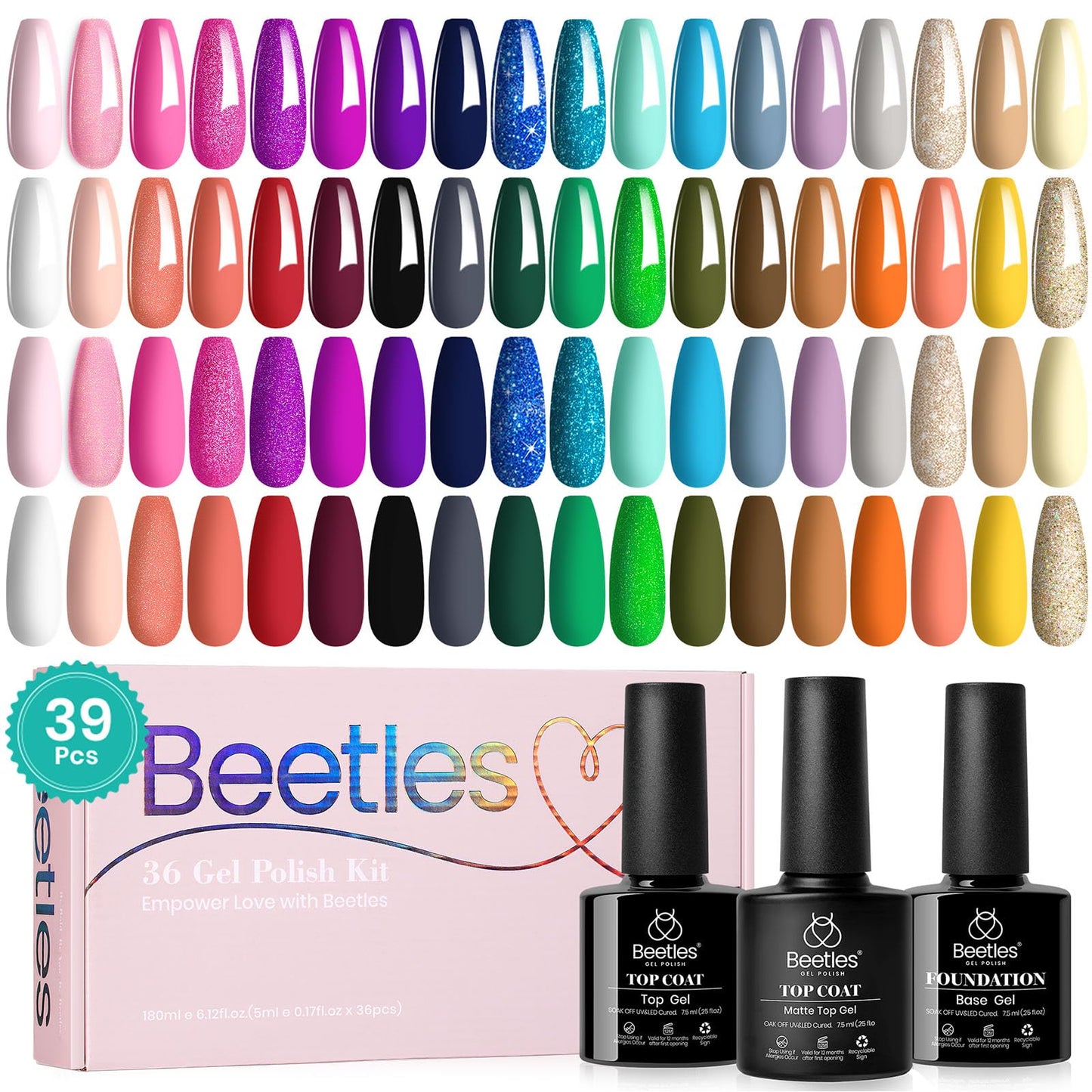 Beetles Gel Nail Polish Kit with U V Light -54 Pcs Gel Nail Kit Four Seasons Glow 32 Colors Set with Base Matte & Glossy Top Coat Soak Off Home DIY Manicure Nails Beginners Gifts for Women Teen Girls