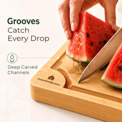 Bamboo Cutting Board Set of 3 - Thick & Durable Wood Cutting Boards with Deep Juice Grooves & Build-in Handles, Large Surface, Easy to Clean – for Meat, Vegetables and Fruits (Set of 3 with Holder)