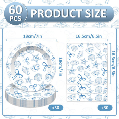Jisfigtrh 60PCS Blue Bow Seashell Tableware Kit 7" Under The Sea Dinner Plates Ocean Dessert Plates Beach Starfish Seashell Party Supplies for Kids Girls Boys Birthday Graduation Events