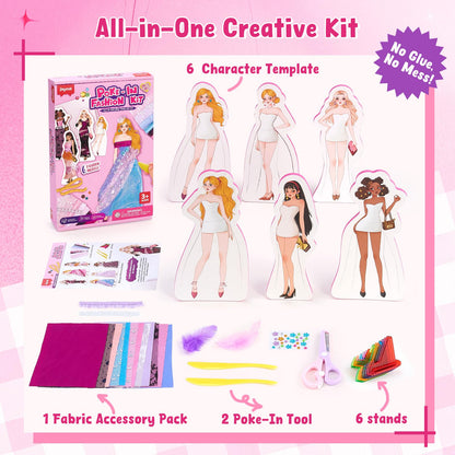 Poke-in Fashion Designer Kit for Girls, No-Sew DIY Craft Toys with 6 EVA Mannequins & Real Fabric, Safe & Non-Toxic Creative Dress Up Activity, Mess-Free Arts and Crafts Gift for Girls Age 5-12
