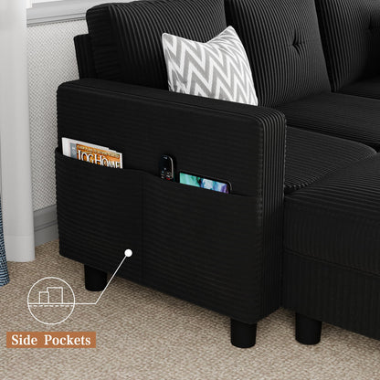 Shintenchi Modern Upholstered Sectional Sofa, L-Shaped Couch with Storage Ottoman and Reversible Chaise for Living Room, Black Corduroy Fabric