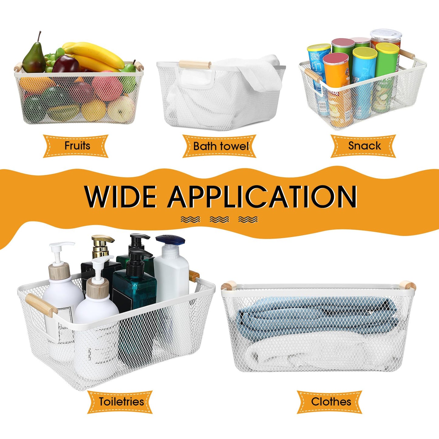 Ziliny 4 Pcs Metal Mesh Wire Baskets with Wooden Handles for Organizing, Pantry Organizers and Storage Steel Bin Kitchen Baskets for Fruit Potato Onion Snacks Bathroom Cabinet(Medium,Cream White)