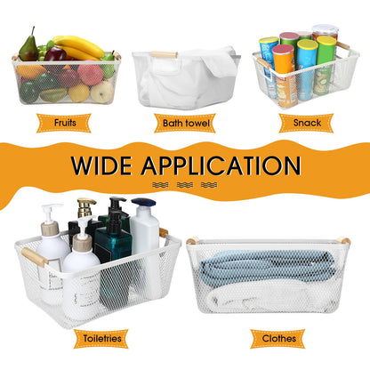Ziliny 4 Pcs Metal Mesh Wire Baskets with Wooden Handles for Organizing, Pantry Organizers and Storage Steel Bin Kitchen Baskets for Fruit Potato Onion Snacks Bathroom Cabinet(Medium,Cream White)