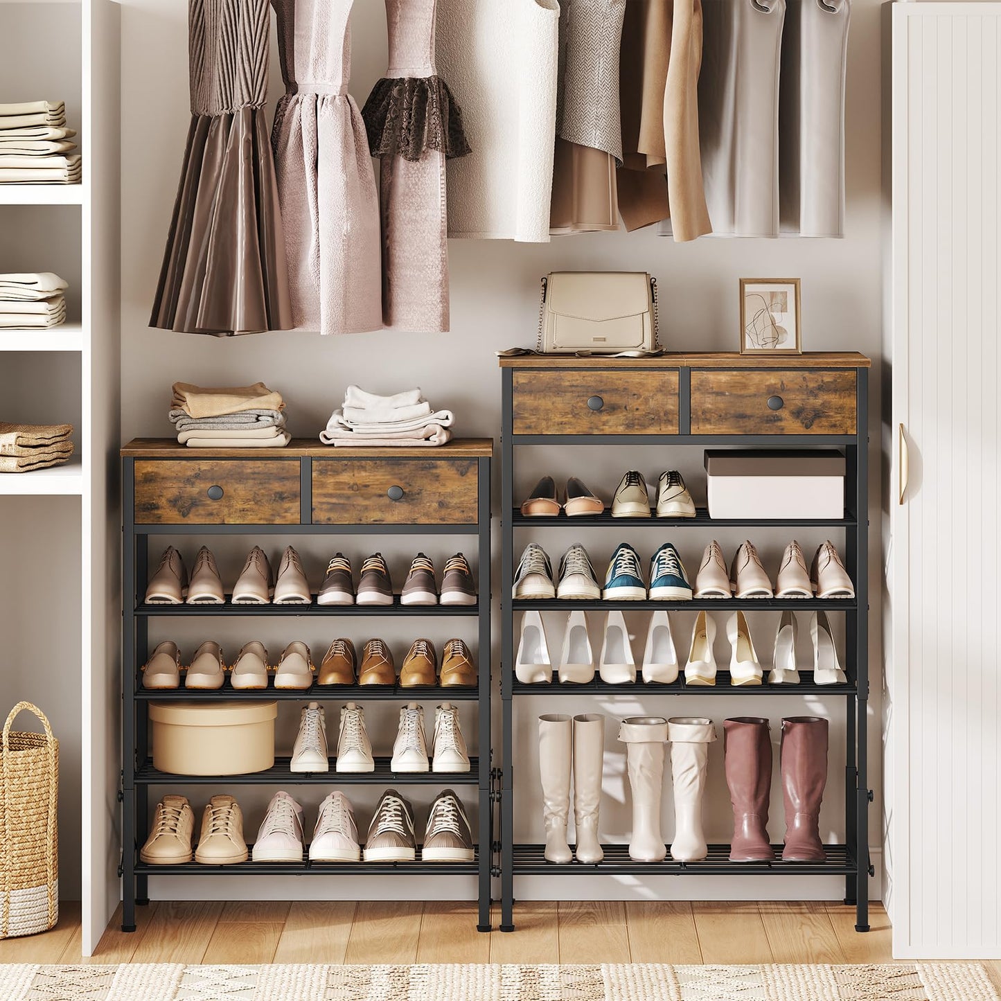 YATINEY 10-Tier Narrow Shoe Rack, Tall Shoe Rack for 10-20 Pairs, Shoe Storage Shelf with 2 Non-Woven Drawers, SS68BC-SS11BR