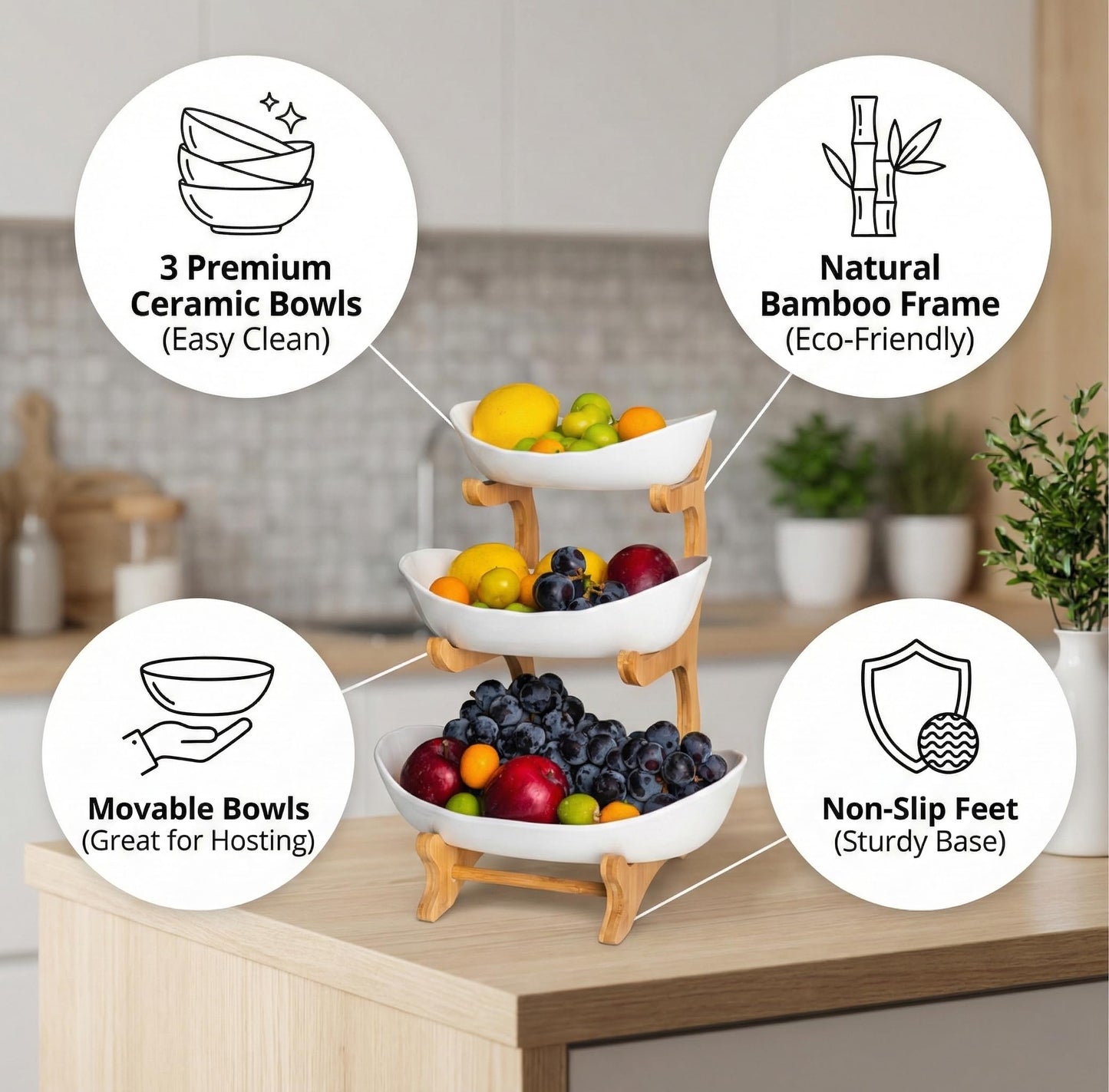 TOSCARA Bamboo Fruit Stand - 3 Tier Ceramic Fruit Bowls with Wooden Stand – Fruit Holder for Kitchen, Dining Table & Living Room – Decorative Countertop Organizer for Fruits, Vegetables & Snacks