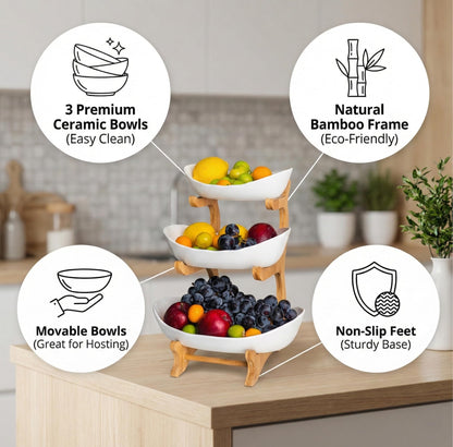 TOSCARA Bamboo Fruit Stand - 3 Tier Ceramic Fruit Bowls with Wooden Stand – Fruit Holder for Kitchen, Dining Table & Living Room – Decorative Countertop Organizer for Fruits, Vegetables & Snacks