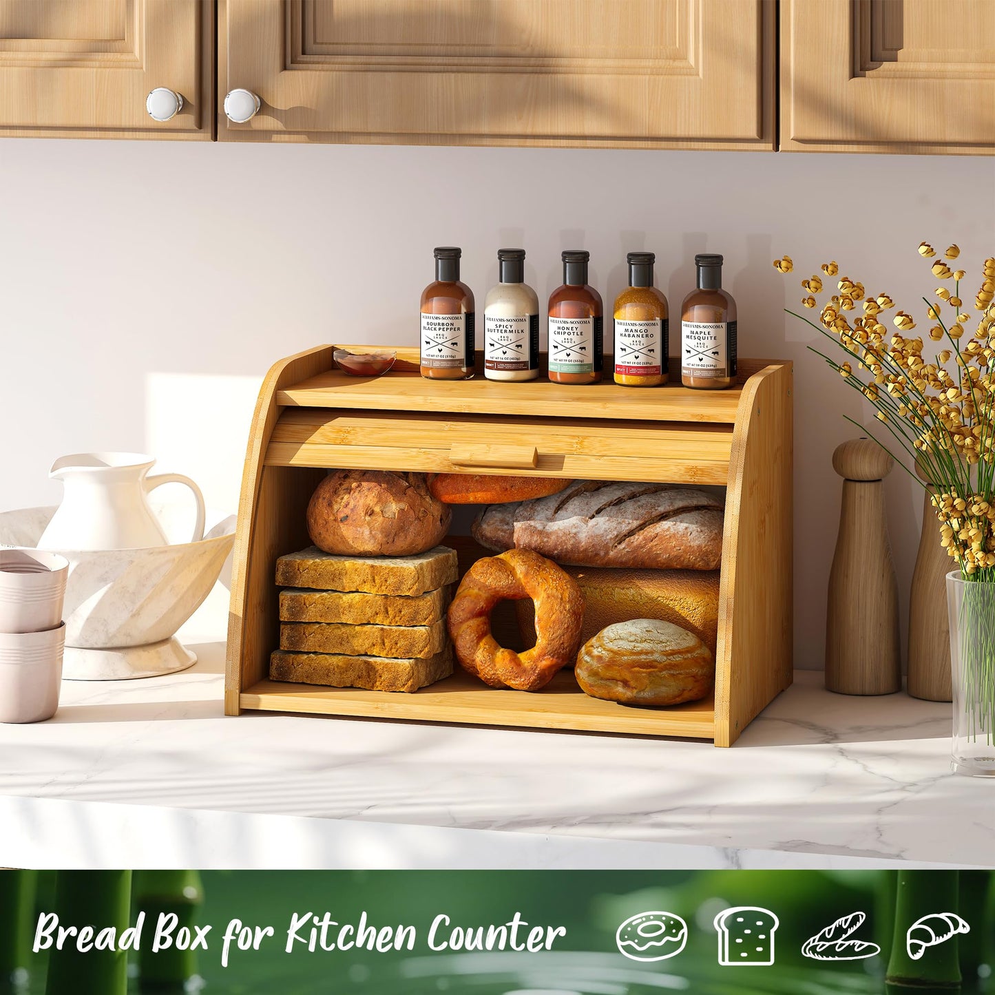 Vriccc Bread Box for Kitchen Countertop, Large Bamboo Wood Bread Box, Wooden Corner Bread Storage Capacity