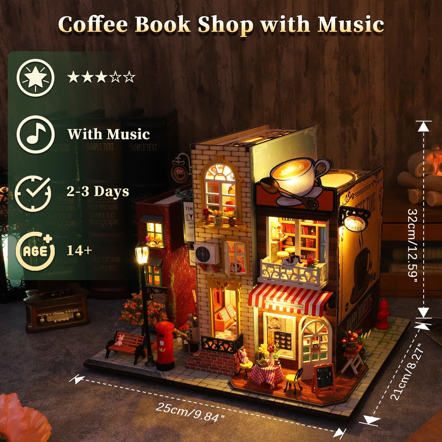 DIY Miniature Dollhouse Kit, Book Nook Kit Tiny House Model with LED Music Box, 3D Wooden Puzzle for Adults, Self-Assembly Bookend Building Set Miniature Model Hobbies, Romantic Birthday Gift for Her