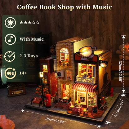 DIY Miniature Dollhouse Kit, Book Nook Kit Tiny House Model with LED Music Box, 3D Wooden Puzzle for Adults, Self-Assembly Bookend Building Set Miniature Model Hobbies, Romantic Birthday Gift for Her