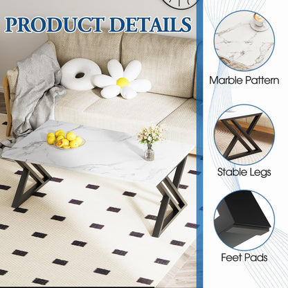 Wolawu Coffee Table White Living Room Center Table, Simple Modern Faux Marble Rectangular Tea Table with Sturdy Black Metal Frame,Industrial Wooden Coffee Table for Bedroom Home Office