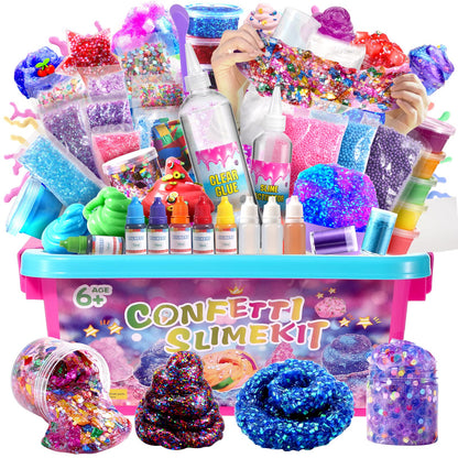 pokujyrt Confetti Slime Kit, Sparkling Slime Making Kit, DIY Craft Set with Clear Glue, Colors, and Decorations, Ages 6+
