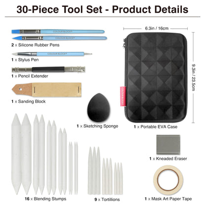 COLOUR BLOCK 30pcs Sketching Tool Set with Soft Pastels Drawing Art Blenders, Blending Stumps, Tortillions, Sandpaper, Sketch Pencil Extender, Rubber Pens