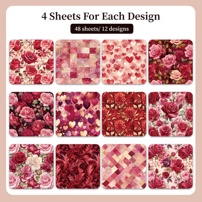 Heart & Rose Scrapbook Paper 6x6, 48 Sheets /12 Designs Romantic Heart Pattern Scrapbook Paper, Single-Sided Craft Paper for Valentines Craft Supplies Card Making Scrapbook
