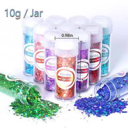 Renfio Holographic Chunky Glitter, 16 Colors Resin Glitter Set Each 10g/0.35oz PET Chunky Flakes Sequins Mix Fine Powder for Crafts, Resin Accessories, Snow Globe Tumbler Supplies, Nails