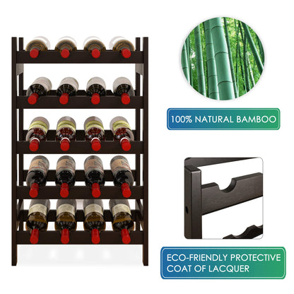 SMIBUY Bamboo Wine Rack, 20 Bottles Display Holder, 5-Tier Free Standing Storage Shelves for Kitchen, Pantry, Cellar, Bar (Dark Brown)