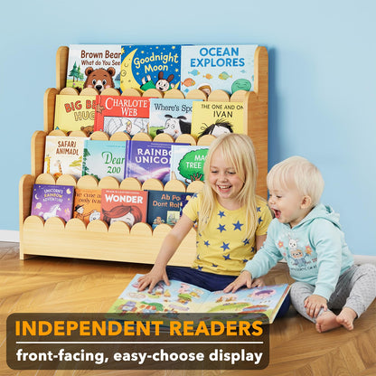 SpaceAid 4-Tier Scalloped Bookshelf, Montessori Bookcase for Toddlers, Wooden Book Shelf Organizer Display Furniture for Kids Rooms, Playroom, Nursery and Classroom, 29.6“ Wide, Natural