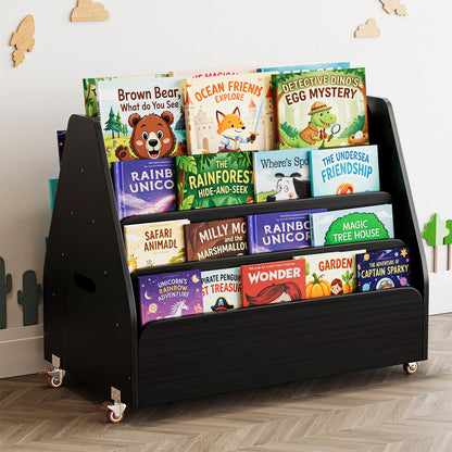 SpaceAid Double-Sided Mobile Bookshelf, Montessori Bookcase for Toddlers, Wooden Book Storage Organizer Shelf Furniture for Kids Rooms, Playroom, Nursery and Classroom, 29.5“ Wide 4-Tier, Black