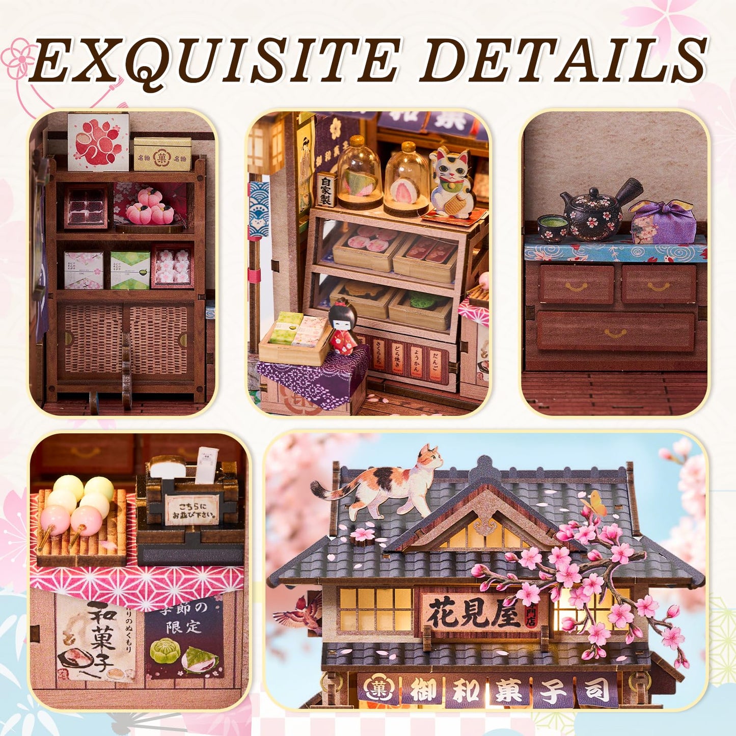 DIY Miniature Dollhouse Kit, Japanese Wagashi Shop 3D Wooden Puzzle with LED Light, Cherry Blossoms & Furniture, Cozy Home Decor, Relaxing Craft Hobby for Adults,Hanamiya