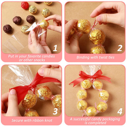 Dunzoom 50/100 Set 2'' x 24'' Christmas Candy Wrapping Gifts Treat Bags Set Plastic Transparent Bags with Twist Tie and Loop of Ribbon for Xmas Party Favors Chocolates Candy Wreath Making Kit