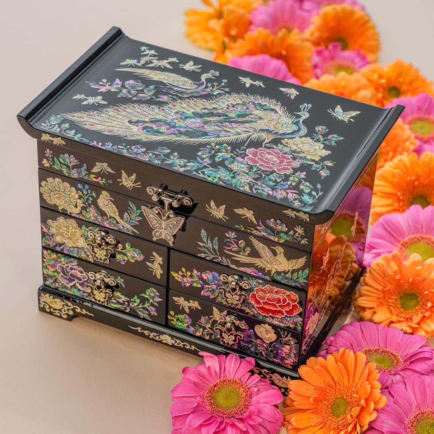 February Mountain Mother of Pearl Wooden Jewelry Organizer Box – Jewelry Storage Box for Women, Features Spacious Drawers, Ideal for Rings, Bracelets, Watches, Chains, Accessories (Peacock)