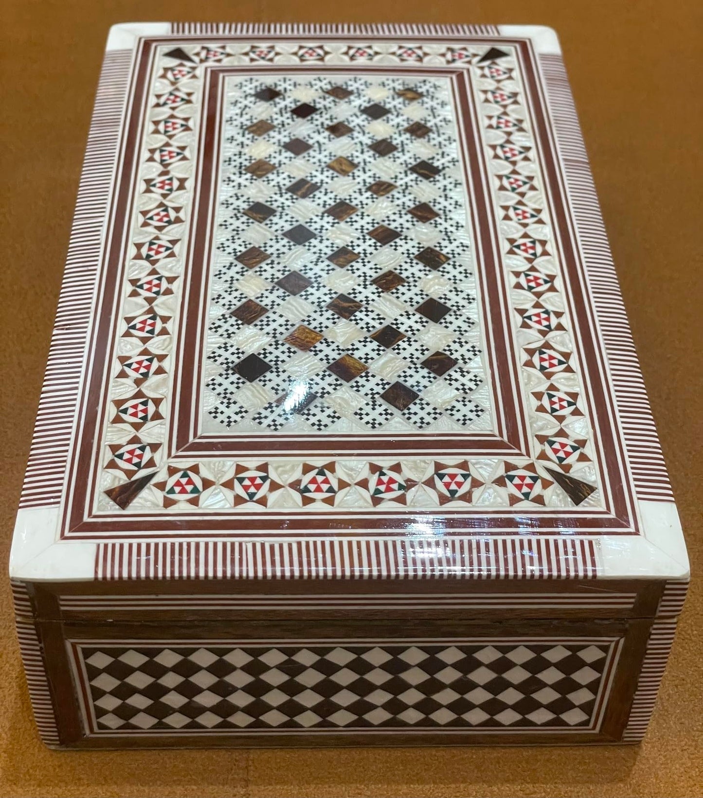 FAMA.store Handmade Egyptian Jewelry Box – Mother of Pearl Inlay – Decorative Wooden Trinket Box for Women Oriental Keepsake Storage Organizer (8" X 5" x 2.2"inch M02)
