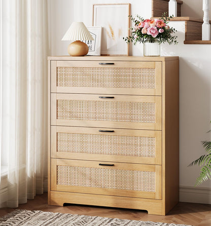 GarveeHome Rattan Dresser, Tall Chest of Drawers, Wood Dresser for Bedroom, Closet, Living Room, Hallway (Natural, 15.8" D x 31.5" W x 38.6" H (4 Rattan Drawers))
