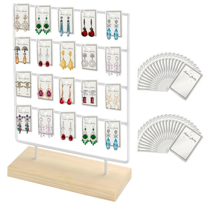 Kvittra Earring Display Stand for Selling, Wood Earring Rack Display Holder Stand, 4 Tier 20 Hooks Jewelry Display for Selling with 40pcs Earring Cards, Bracelets, Rings, Necklaces