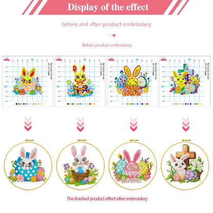 Zhenging Easter Cross Stitch Kit with 4 Bunny & EggPatterns -9.45x9.45 Inch Hoop, Pre-Printed Fabric,Threads, Tools -DlY Easter Craft Gift for Adults, HomeDecor