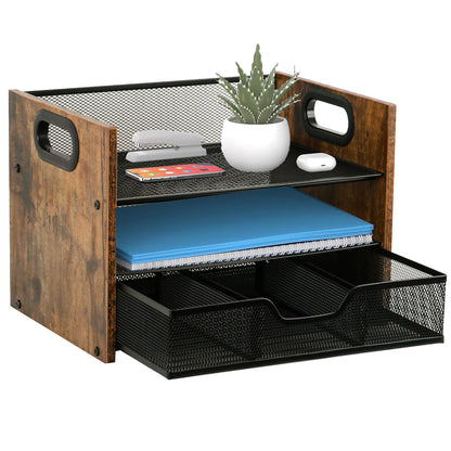 Boershun Wood Desk Organizer - 3-Tier Desktop File Organizer with Drawer, Wooden Paper Tray, Office Desk Organzier and Accessories for Papers, Mail, Notebooks, Stationery