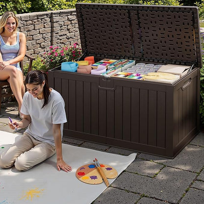 JUMMICO 250 Gallon Outdoor Resin Deck Box with Divider, Waterproof Storage Box with Lockable Lid&Side Handles for Garden Tools, Pools Supplies (Brown)