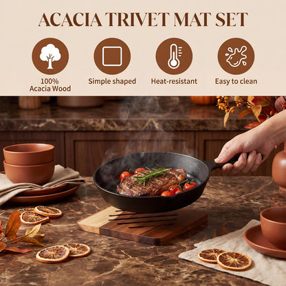 Yungyan 5 Pcs Acacia Trivet Mat and Trivet Holder Set 5.8 inch 7 inch Thicken Acacia Wood Hot Pads Trivets Heat Resistant Pads for Hot Dishes Pot Bowl Teapot, 2 Square 2 Round 1 Storage Rack