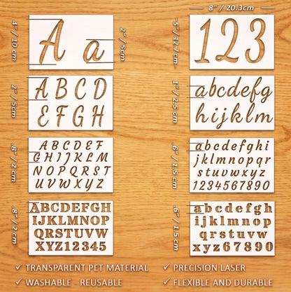 DLY Lifestyle Large Letter Stencils for Painting on Wood - 50 Pc Alphabet & Number Stencils for Crafts Reusable - Custom Cursive Lettering for Signs, Chalkboard, Fabric - Decorative & Seasonal Images