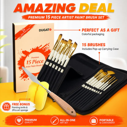 DUGATO 15pc Artist Paint Brush Set with Pop-Up Case, Palette Knife & Sponges - Nylon Hair for Acrylic, Oil, Watercolor, Gouache, Model & Craft Painting