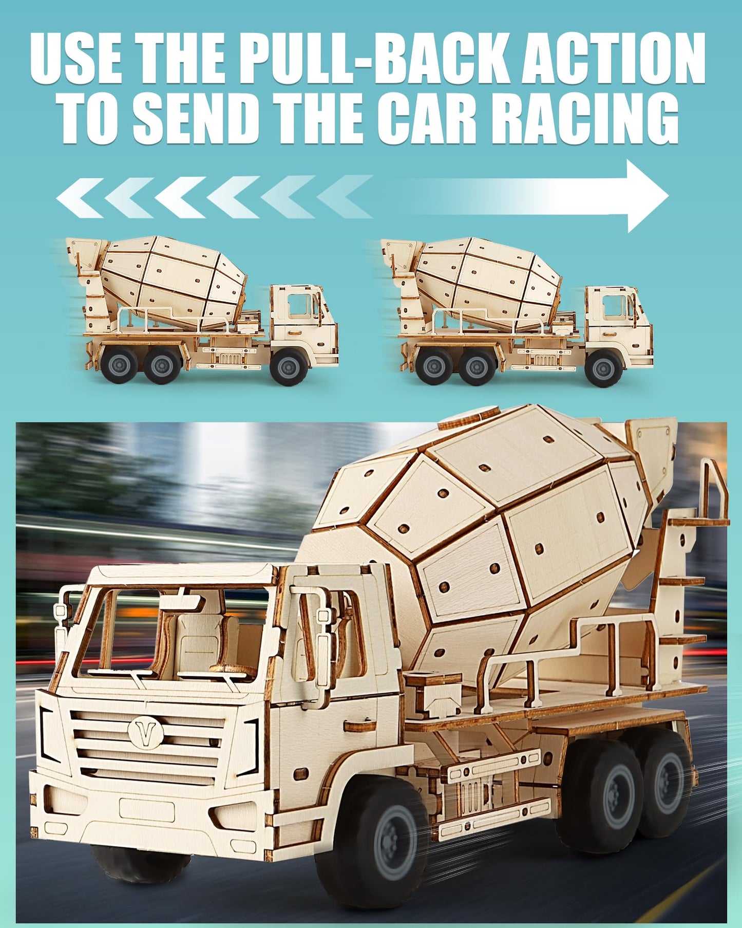 MOCBURIKU 3D Wooden Puzzles Cement Mixer Truck for Adults to Build, 165pcs Wood Craft Model Cars Building Kits with Pull Back 360° Rotatable Mixer Action,Hobby Gifts for Adults Men Teens