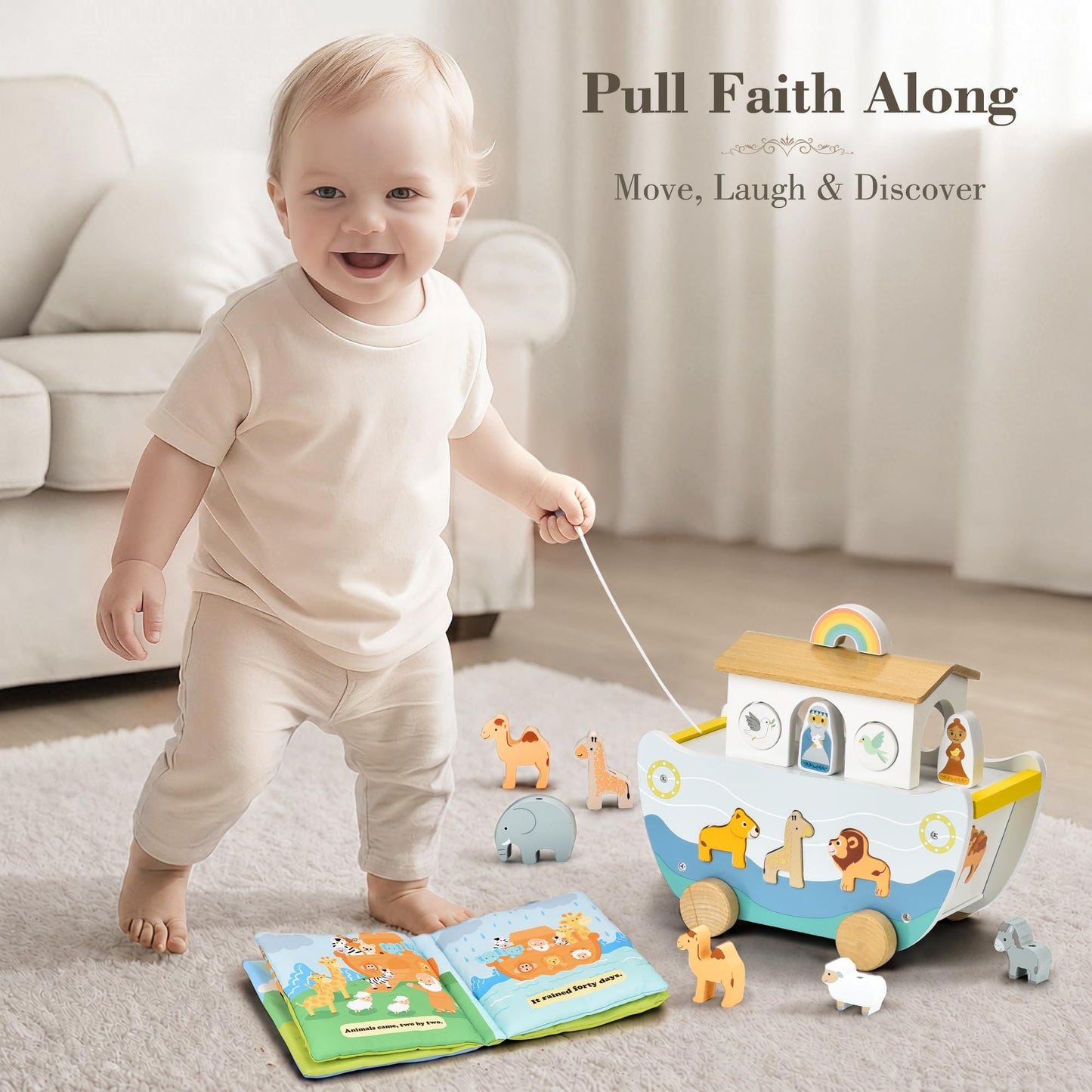 Wooden Noah’s Ark Toy with Cloth Book, Baptism Gifts for Boys and Girls, Christian Shape Sorter Pull Along Playset, Montessori Toys for 1 Year Old, Animal Matching Stacking and Threading Toys