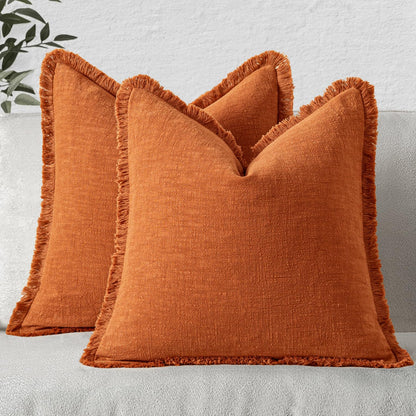 MIULEE Christmas Decorative Throw Pillow Covers Neutral Linen Fringe Fall Throw Pillows Set of 2 Natural Beige Boho Farmhouse Cushion Covers with Tassels for Couch Sofa Bed Home Decor 20x20 Inch