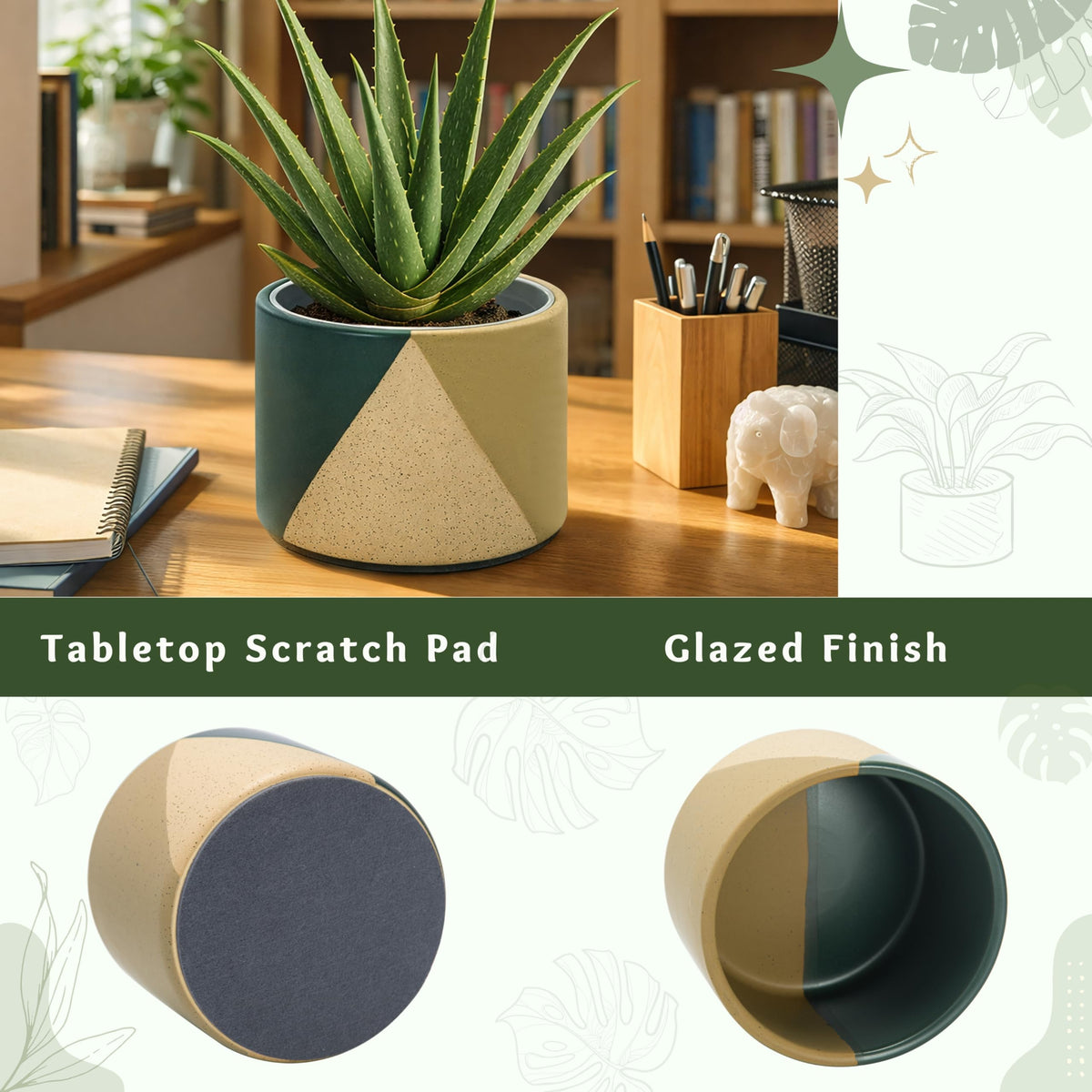 D'vine Dev 6.5" Stoneware Cachepot Planter with 6" Low Clear Nursery Pot & Detachable Saucer – Modern Indoor Plant Pot with Drainage for Bottom Watering & Root Visibility, Desert Forest, 93-O-D-1