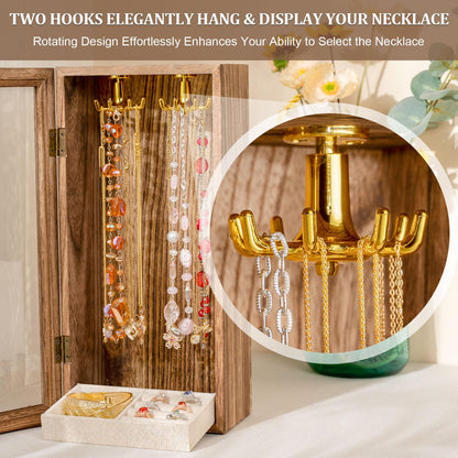 SINGLBA Necklace Holder Organizer, Wooden Jewelry Box for Women Girls, Rotatable Jewelry Organizer Case with Ring Tray Display & Storage for Necklaces Bracelets Rings Earrings, Gifts for Women Her