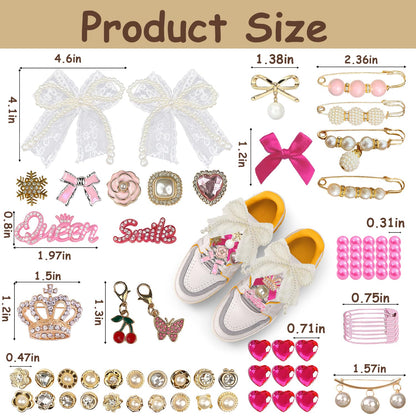 Molirex 80 Pcs Shoe Charms for Sneakers Women Junk Socks Charms Kit with Pearl Shoelace Gold Brooches and Pins, Rhinestone Pink Bows Charm Set