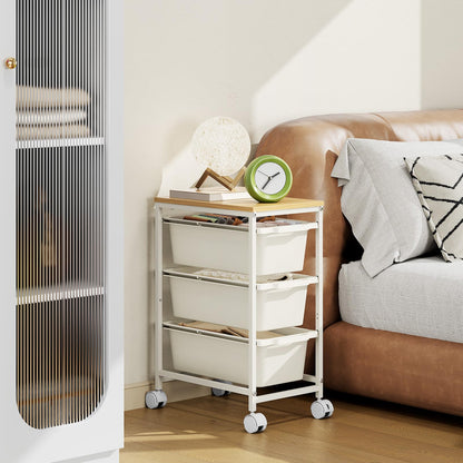 Slim Rolling Storage Cart with 3 Drawers, Craft Organizer, Wooden Tabletop Utility Cart for Bedroom, Children's Room and Office Organization, Under Desk Trolley with Lockable Wheels,White