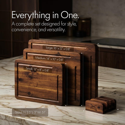 Xushro Acacia Wood Cutting Board Set of 3 with Stand - Thick Wooden Chopping Boards with Deep Juice Grooves - Non-Slip & Durable Wooden Boards for Meat & Vegetables (16x12, 14x10, 12x8) - Walnut