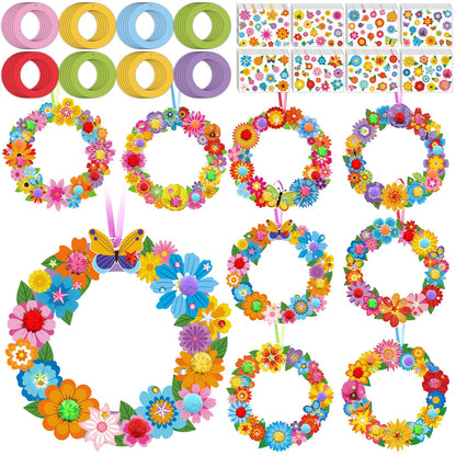 Hollowfly 48 Sets Flower Wreath Craft Kits DIY Summer Hanging Ornaments Decoration Make Your Own Floral Paper Craft with Stickers for Spring Summer Party Favors Seasonal Activities Supplies