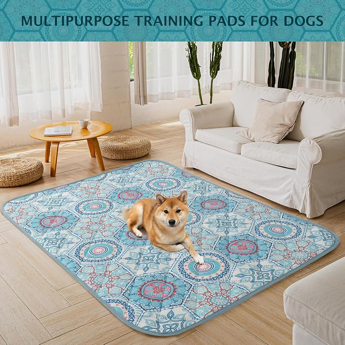 IEUUMLER Washable Pee Pads for Dogs, 2 Pack Non-Slip & Waterproof Pack Whelping Pad, Reusable Washable Puppy Potty Training Pad with Fast Absorbent for Playpen EU007 (Green Medallion, 48"X30"-2pcs)