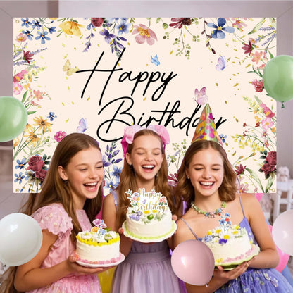 Wildflower Birthday Decorations for Women Girls, Sage Green Dusty Pink Balloon Arch Garland Kit with Floral Happy Birthday Backdrop, 12 Cupcake Toppers, Boho Spring Garden Party Supplies