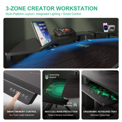 JWX 72" Height Adjustable Gaming Desk, 3-Zone Creator Workstation with Acrylic RGB Lighting, Keyboard Tray & Full Desk Mouse Pad, Dual Motor Sit Stand Desk for Streaming, Studio & Home Office